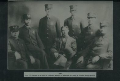Police Department and Mayor - 1907 L-R J. C. Carlisle, H. W. Smith, E. J. Walters, Mayor C. C. Anderson, O. A. Sorg, h. J. Noble, George Strouse
